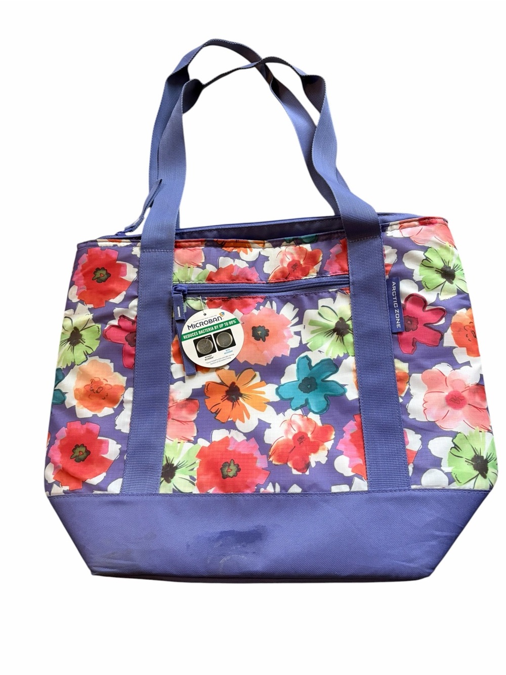 Purple Floral Canvas Tote Bag with Front Zip Pocket